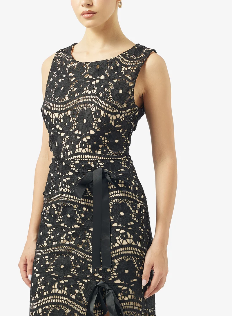 Just Me  Side Cut-Out Tie And Front Slit Lace detail Sleeveless Midi Dress for Women | Best Price UAE